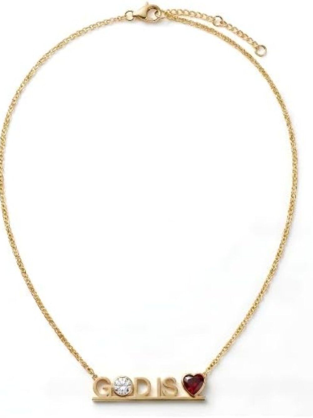 18k Gold Plated God Is Love Necklace with Red & White Zircon, 20" Chain